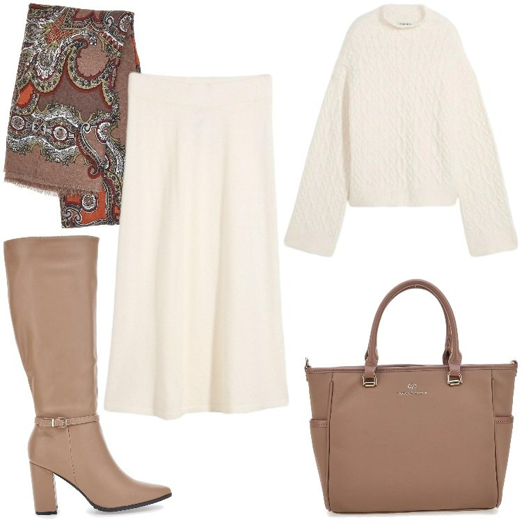 Outfit donna - Low Cost & Trendy in Ufficio. Stile Trendy per Ufficio. Abbinamento con maglieria, gonne longuette, stivali, foulard, borse a tracolla.