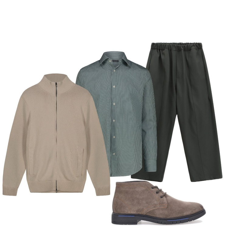 Outfit uomo - In ufficio. Stile Trendy per Ufficio. Abbinamento con pantaloni, scarpe stringate, camicie, cardigans.