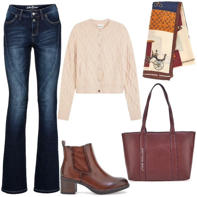 Outfit donna - Jeans & Cardigan. Stile Basic per Tutti i giorni. Abbinamento con jeans bootcut, cardigans, stivaletti, shopping bag, foulard.