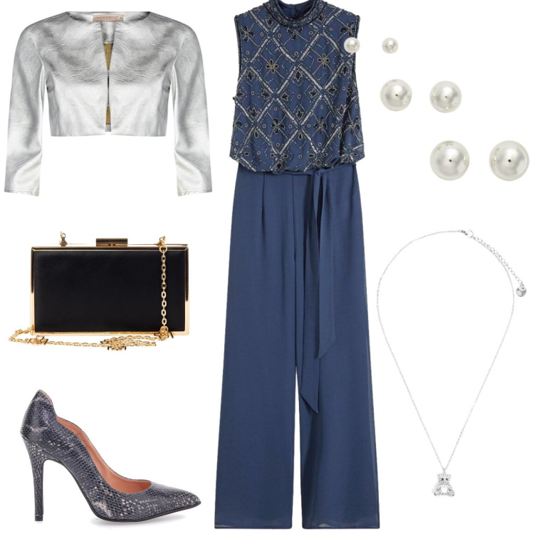 Outfit donna - Serata in tuta. Stile Chic per Serata fuori. Abbinamento con tute, bolero, pochette, ciondoli, orecchini, décolleté.