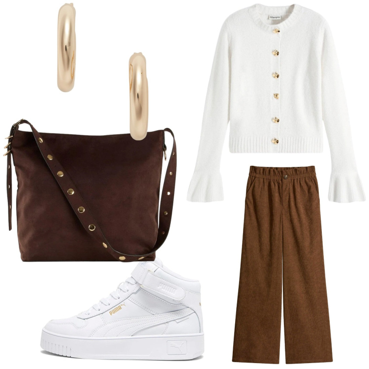 Outfit donna - Marrone e panna. Stile Basic per Tutti i giorni. Abbinamento con shopping bag, cardigans, pantaloni, orecchini, sneakers.