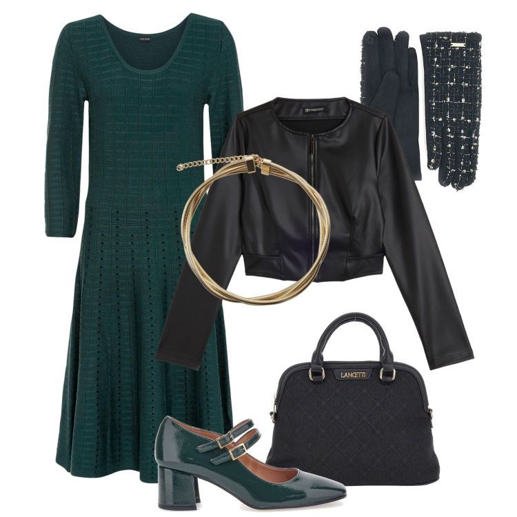 Outfit donna - Aperitivo verde bosco. Stile Vintage retrò per Serata fuori. Abbinamento con vestiti, collane, giacche, décolleté, borse a spalla, guanti.