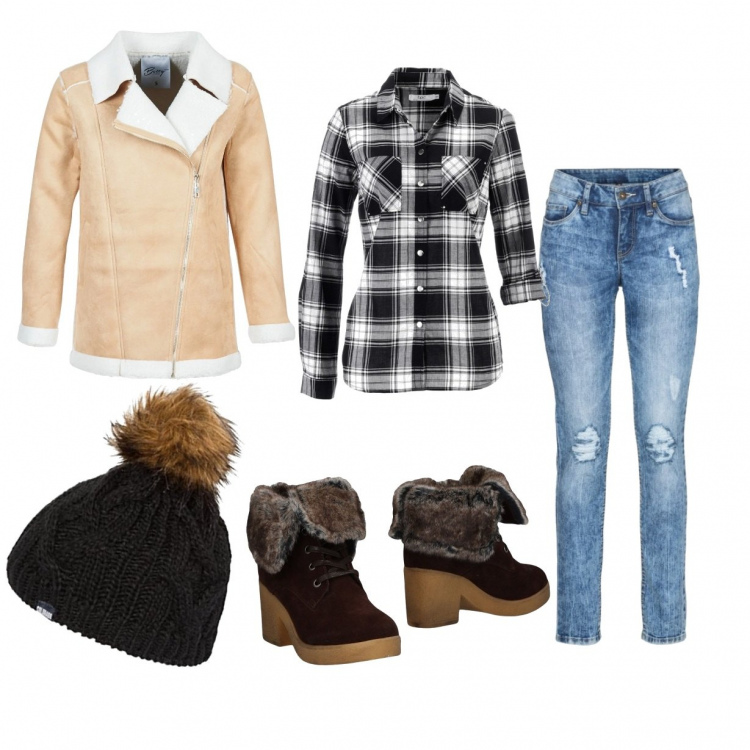 Outfit donna - Scampagnata in montagna. Stile Urban per Tutti i giorni. Abbinamento con camicie, jeans skinny blu, stivaletti, cappotti, berretto in denim taglia unica nero.