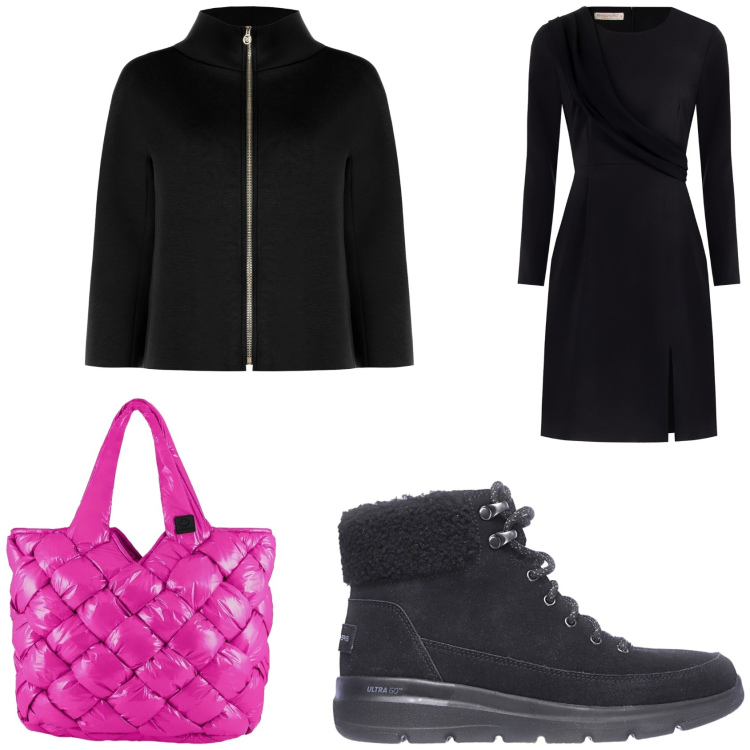 Outfit donna - Abito classico e scarpe sportive. Stile Casual chic per Serata fuori. Abbinamento con vestiti a tubino, cappe, borse tote, stivaletti.