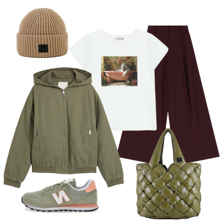 Outfit donna - Oggi riposo e colazione con le amiche. Stile Casual chic per Tutti i giorni. Abbinamento con blazer, t-shirt, pantaloni a palazzo, borse tote, berretti, sneakers.