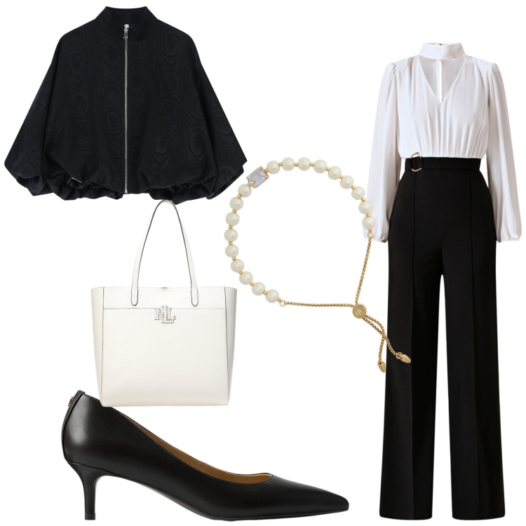 Outfit donna - La tuta in inverno. Stile Bon Ton per Serata fuori. Abbinamento con tute, bomber, décolleté, borse tote, braccialetti.