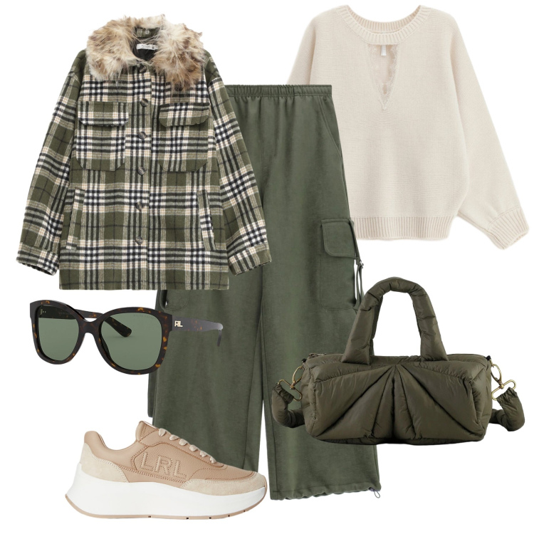 Outfit donna - Bosco in città. Stile Urban per Tutti i giorni. Abbinamento con cappotti, maglieria, pantaloni a palazzo, sneakers, occhiali da sole, borse a mano.