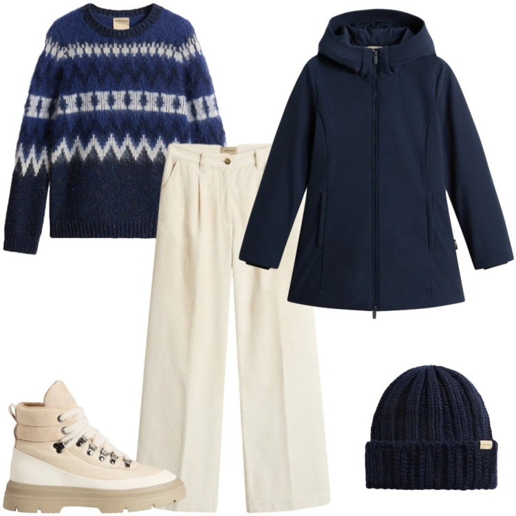 Outfit donna - Holiday Heritage. Stile Casual chic per Tutti i giorni. Abbinamento con parka, maglieria, pantaloni, berretti, anfibi.