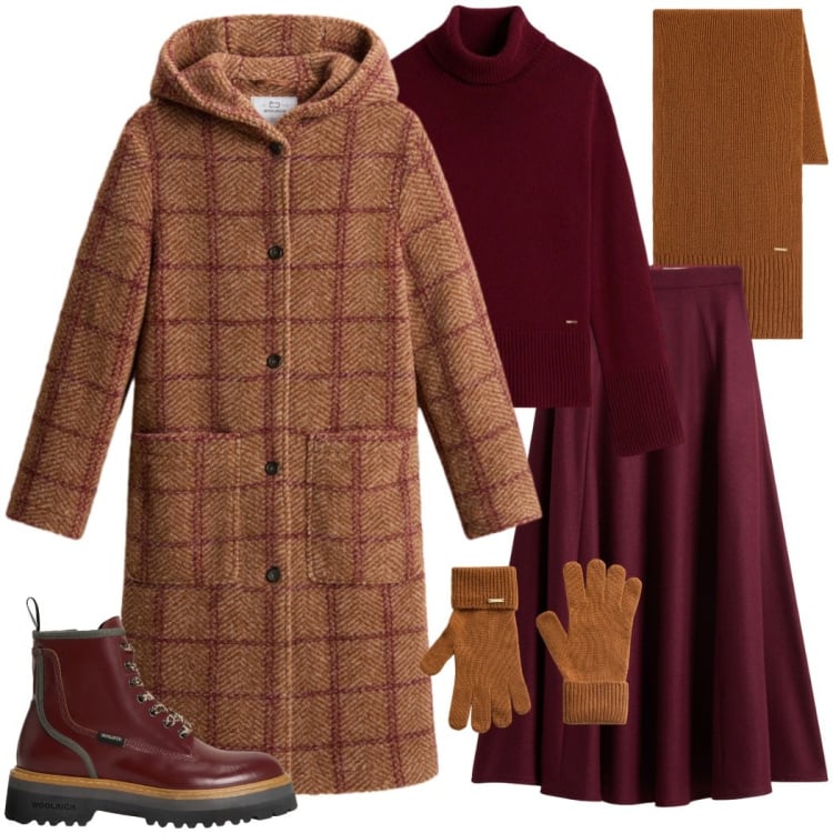 Outfit donna - Holiday Heritage. Stile Casual chic per Tutti i giorni. Abbinamento con cappotti, anfibi, maglieria, gonne lunghe, guanti, sciarpe.