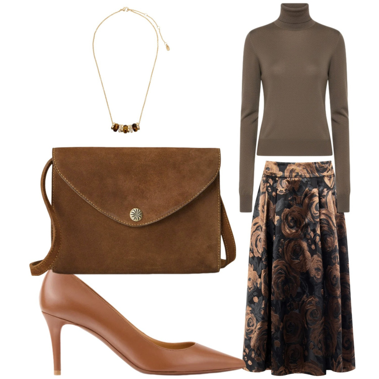 Outfit donna - La gonna damascata. Stile Glamour per Serata fuori. Abbinamento con gonne longuette, collane, borse a tracolla, décolleté, maglieria.