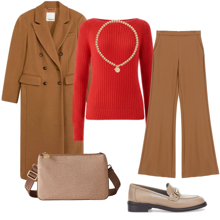 Outfit donna - Il maglioncino che accende il look. Stile Casual per Tutti i giorni. Abbinamento con cappotti, pullovers, pantaloni, borse a tracolla, collane, mocassini.