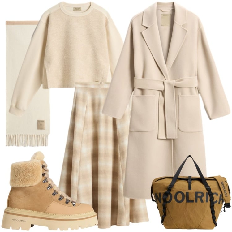Outfit donna - Holiday Heritage. Stile Casual chic per Tutti i giorni. Abbinamento con sciarpe, cappotti, gonne lunghe, felpe, borse sportive, stivaletti.