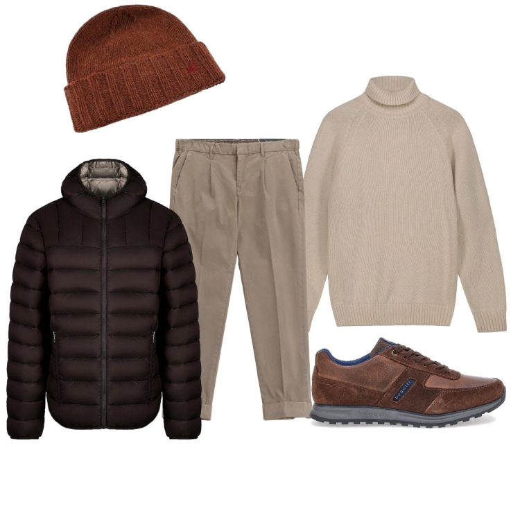 Outfit uomo - In gradazione. Stile Casual per Tutti i giorni. Abbinamento con pantaloni chino, cappelli, piumini, scarpe stringate, pullovers.