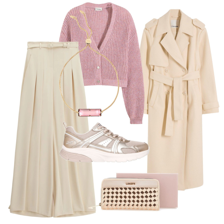 Outfit donna - Look fluido brillante. Stile Casual chic per Tutti i giorni. Abbinamento con trench, cardigans, pantaloni a palazzo, braccialetti, portafogli, sneakers.