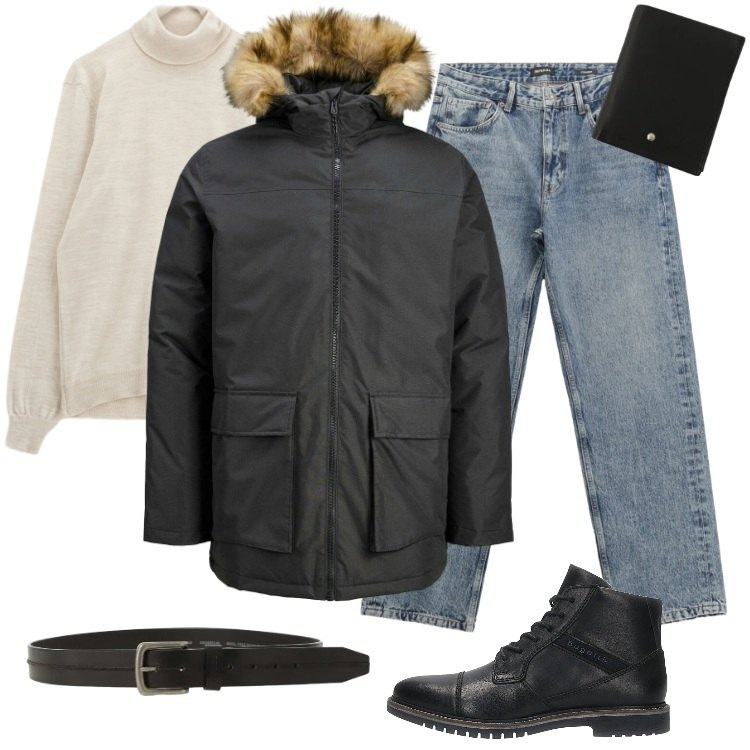 Outfit uomo - Total look #2299171. Stile Casual per Tutti i giorni. Abbinamento con parka, jeans dritti, maglieria, portafogli, cinture, anfibi.