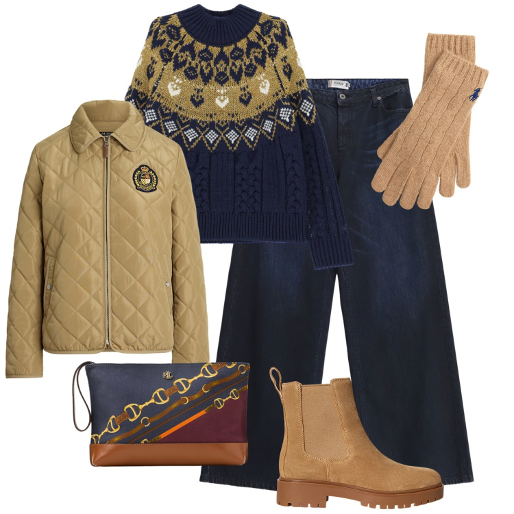 Outfit donna - Un caldo morbido maglione. Stile Urban per Tutti i giorni. Abbinamento con jeans, maglieria, stivaletti chelsea, guanti, pochette, giacche.