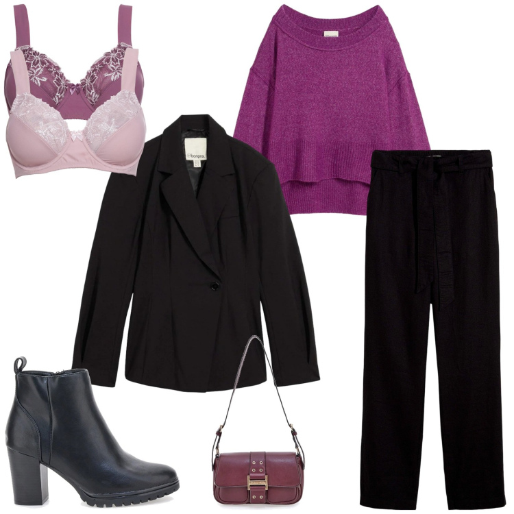 Outfit donna - Total look #2299173. Stile Chic per Serata fuori. Abbinamento con pantaloni, blazer, maglieria, reggiseni, borse a tracolla, stivaletti.