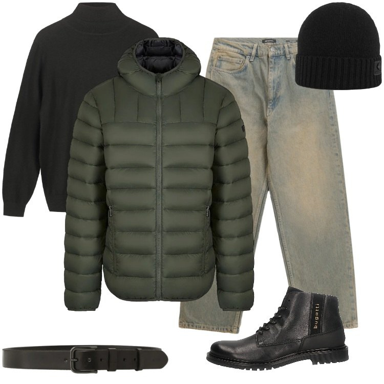 Outfit uomo - Total look #2299175. Stile Urban per Tutti i giorni. Abbinamento con jeans, cinture, piumini, berretti, maglieria, stivali e stivaletti.