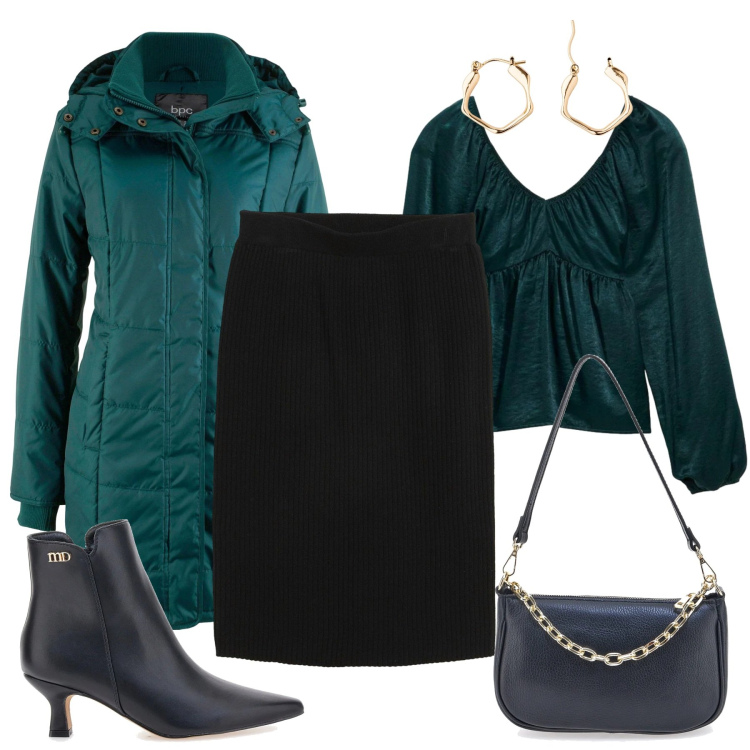 Outfit donna - Velluto verde. Stile Chic per Tutti i giorni. Abbinamento con giacche, bluse, gonne, orecchini, stivaletti, borse a tracolla.