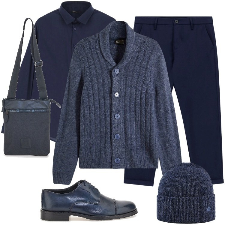 Outfit uomo - Total look #2299177. Stile Casual per Serata speciale. Abbinamento con cardigans, camicie, pantaloni, cappelli, portafogli, scarpe stringate.