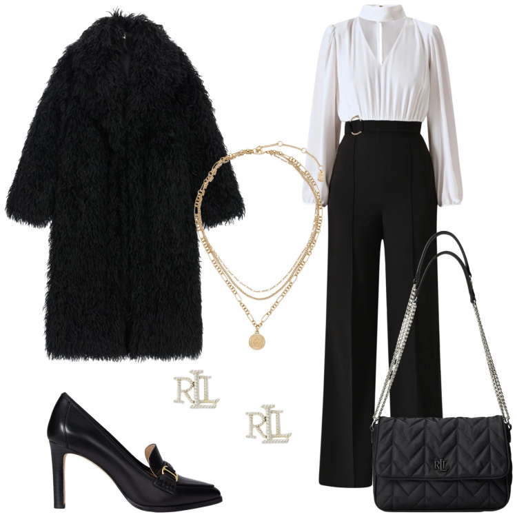 Outfit donna - Gift of style. Stile Chic per Serata fuori. Abbinamento con tute, cappotti, borse a tracolla, orecchini, décolleté, ciondoli.