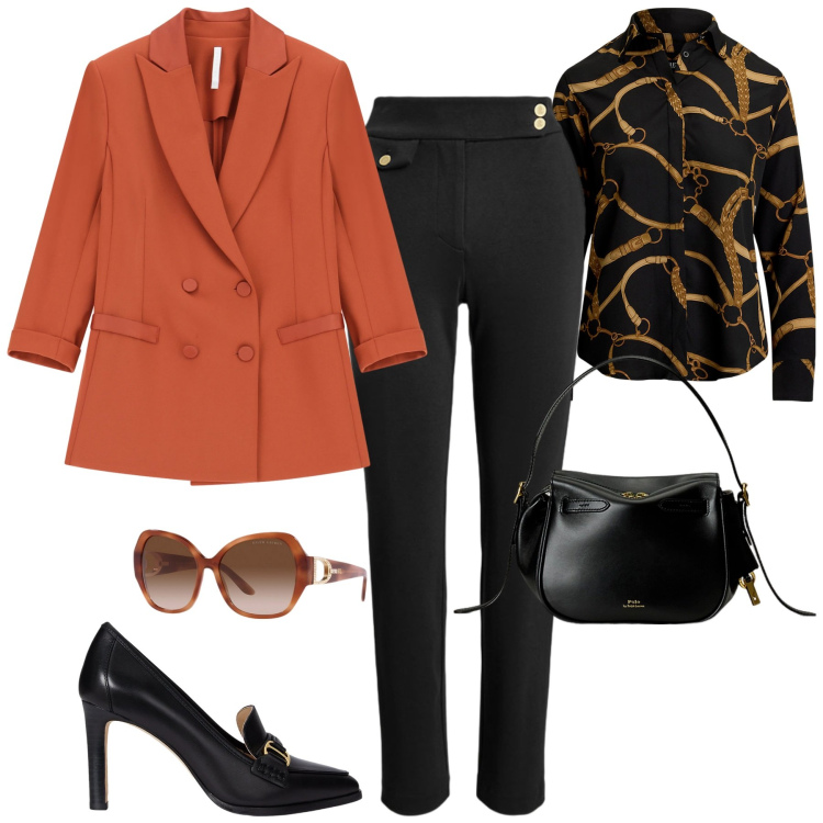 Outfit donna - Un tocco di colore. Stile Chic per Tutti i giorni. Abbinamento con blazer, occhiali da sole, borse a mano, camicie, décolleté, pantaloni.
