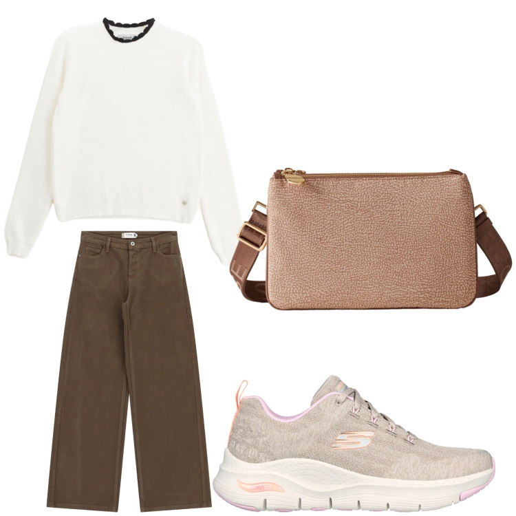 Outfit donna - Aperitivo. Stile Trendy per Tutti i giorni. Abbinamento con pullovers, pantaloni a palazzo, borse a tracolla, sneakers.