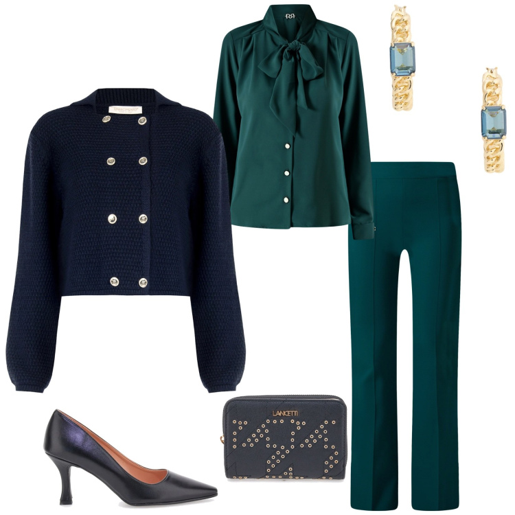 Outfit donna - Total look #2299184. Stile Chic per Serata fuori. Abbinamento con blazer, pantaloni a palazzo, bluse, orecchini, portafogli, décolleté.
