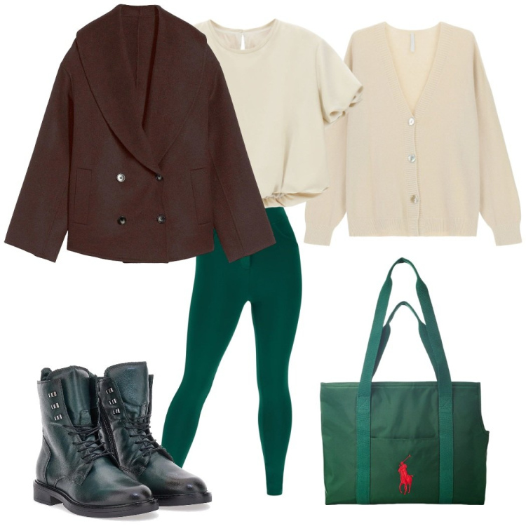 Outfit donna - Verde sottobosco. Stile Casual per Tutti i giorni. Abbinamento con caban, camicie a manica corta, cardigans, pantaloni skinny, borse tote, anfibi.