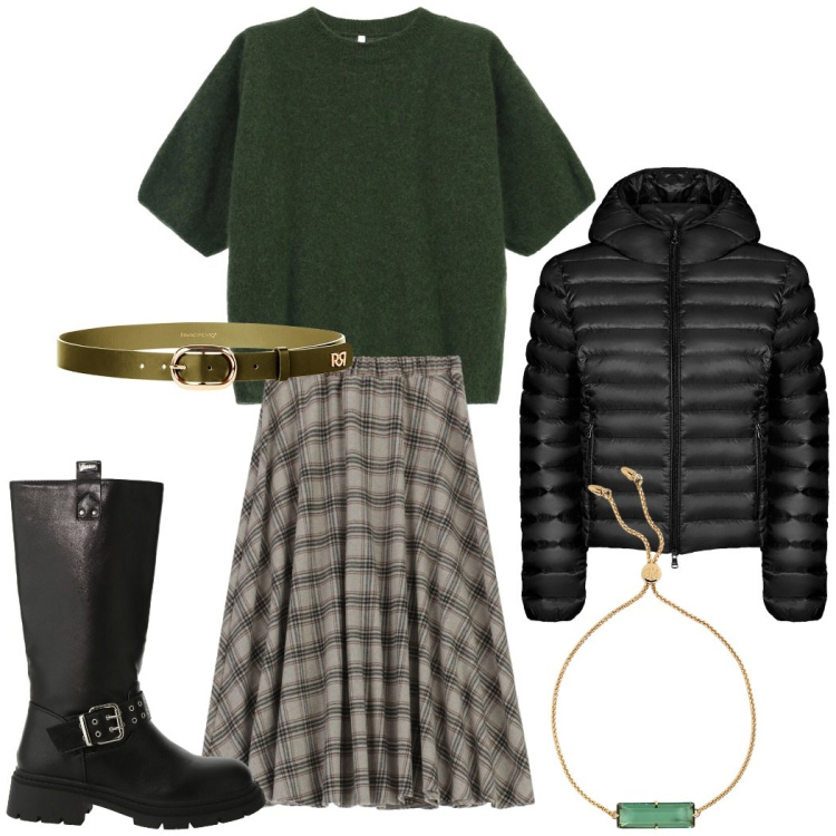 Outfit donna - In ufficio. Stile Casual chic per Ufficio. Abbinamento con gonne longuette, cinture, maglieria, stivali, braccialetti, blazer.