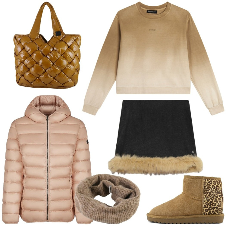 Outfit donna - Dicembre. Stile Casual chic per Scuola/Università. Abbinamento con minigonne, felpe, scaldacollo, borse tote, piumini, stivali.