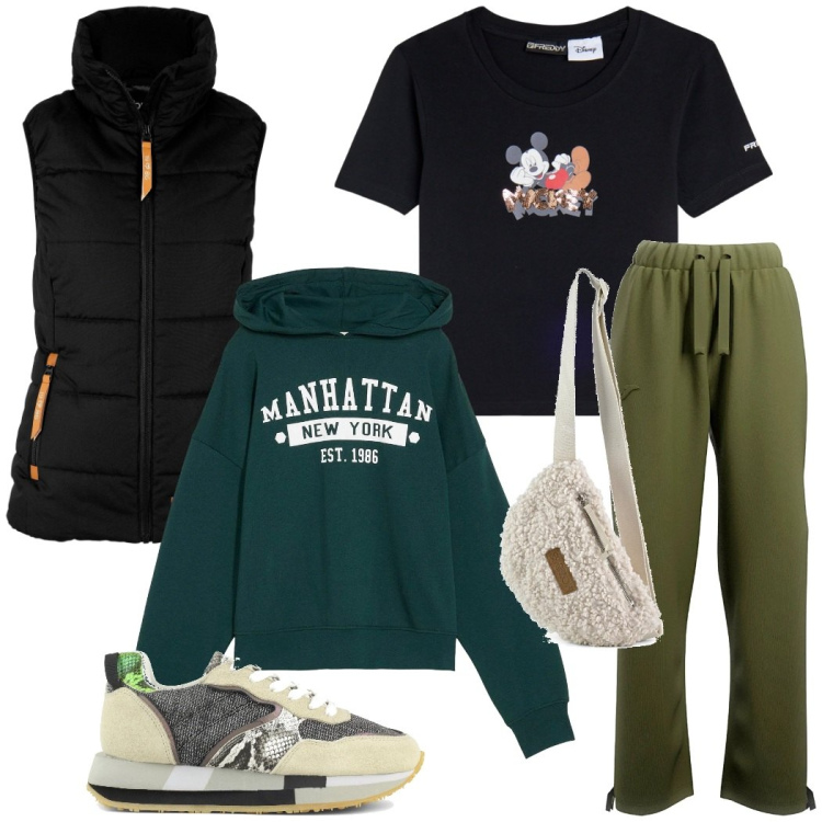 Outfit donna - Al parco con Fido. Stile Casual per Tutti i giorni. Abbinamento con felpe con cappuccio, piumini, t-shirt, marsupi, pantaloni, sneakers.
