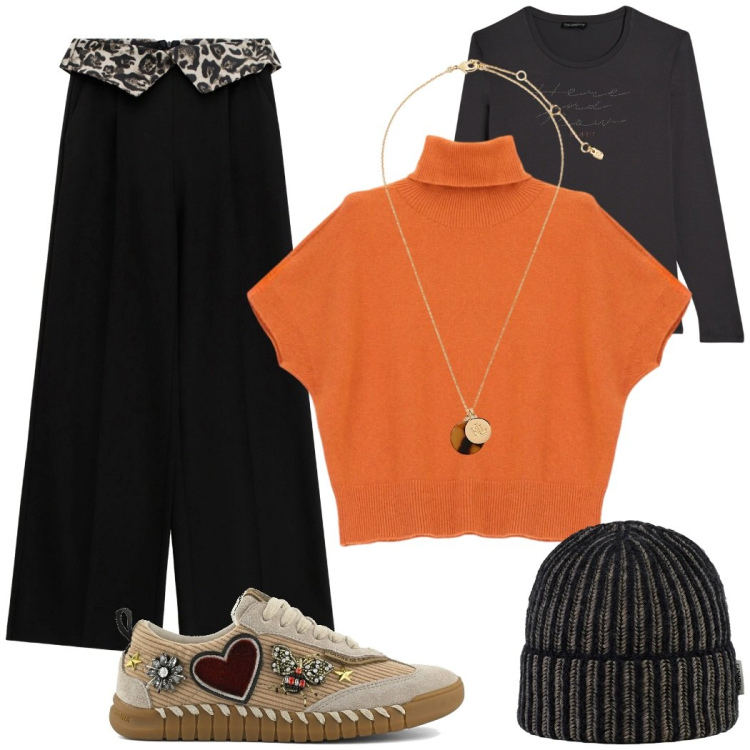 Outfit donna - Total look #2299193. Stile Sporty chic per Scuola/Università. Abbinamento con pantaloni a palazzo, maglieria, t-shirt, collane, berretti, sneakers.