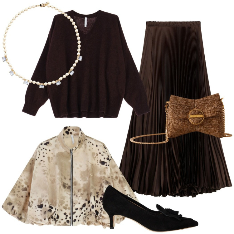 Outfit donna - Aria di festa. Stile Chic per Serata fuori. Abbinamento con gonne lunghe, maglieria, bomber, pochette, collane, décolleté.