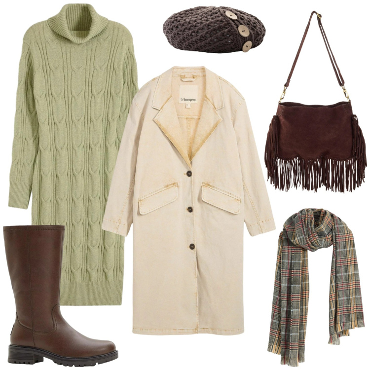 Outfit donna - Una giornata uggiosa. Stile Boho per Tutti i giorni. Abbinamento con berretti, vestiti, trench, sciarpe, borse a tracolla, stivali.