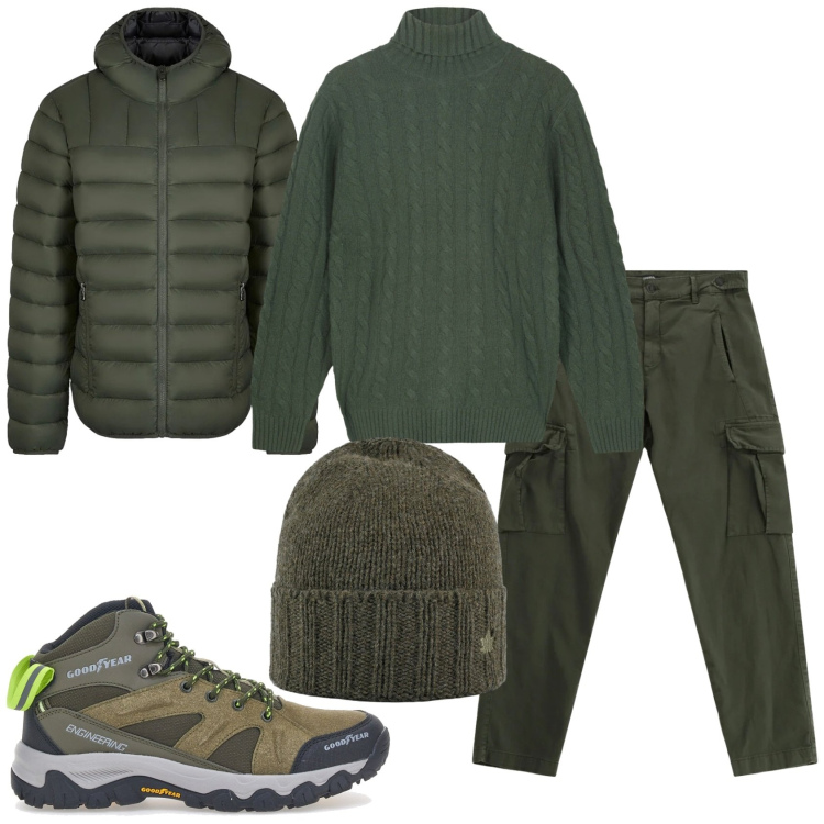 Outfit uomo - Freddo verde militare. Stile Casual per Tutti i giorni. Abbinamento con pantaloni cargo, cappelli, piumini, stivali e stivaletti, maglieria.
