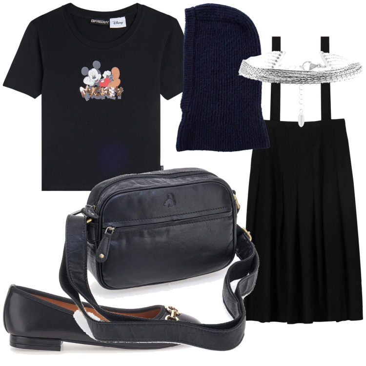 Outfit donna - Preppy girl d inverno. Stile Preppy per Tutti i giorni. Abbinamento con scaldacollo, t-shirt, braccialetti, borse a tracolla, ballerine, gonne lunghe.