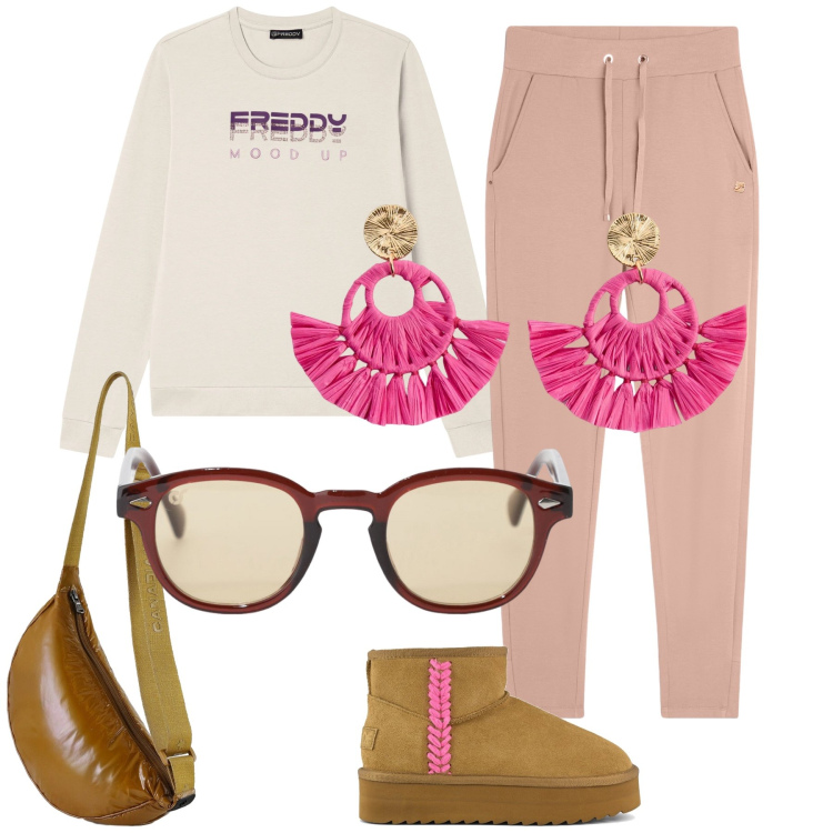 Outfit donna - Inverno con orecchini estivi. Stile Casual chic per Tutti i giorni. Abbinamento con orecchini, occhiali da sole, pantaloni, felpe, borse sportive, stivaletti.