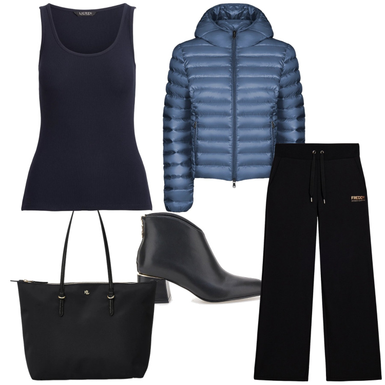 Outfit donna - Il blu sul nero. Stile Urban per Ufficio. Abbinamento con pantaloni, canottiere, borse tote, bomber, stivaletti.