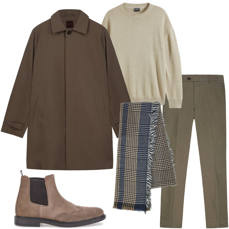 Outfit uomo - Dicembre. Stile Urban per Ufficio. Abbinamento con maglieria, sciarpe, stivali e stivaletti, pantaloni chino, trench.