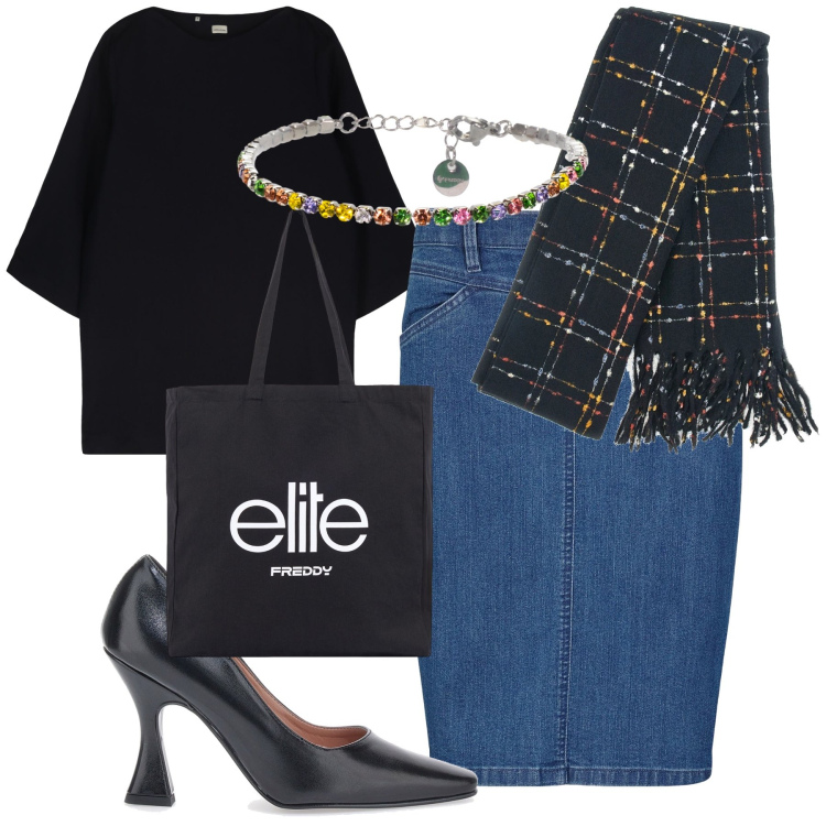 Outfit donna - Tubino di jeans in ufficio. Stile Sporty chic per Ufficio. Abbinamento con gonne, shopping bag, braccialetti, vestiti corti, sciarpe, décolleté.