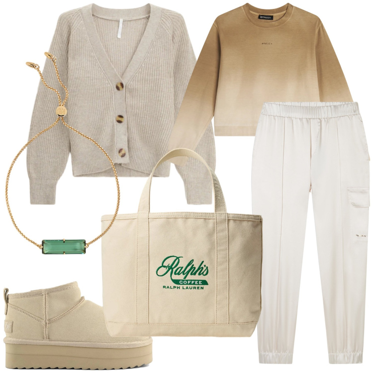 Outfit donna - Un caldo golfino. Stile Casual chic per Tutti i giorni. Abbinamento con cardigans, felpe, pantaloni cargo, braccialetti, borse tote, stivaletti.