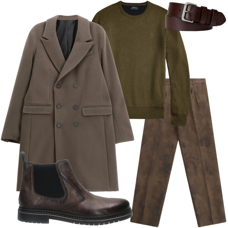 Outfit uomo - Con il cappotto. Stile Urban per Tutti i giorni. Abbinamento con pantaloni, cappotti, cinture, maglieria, stivali e stivaletti.