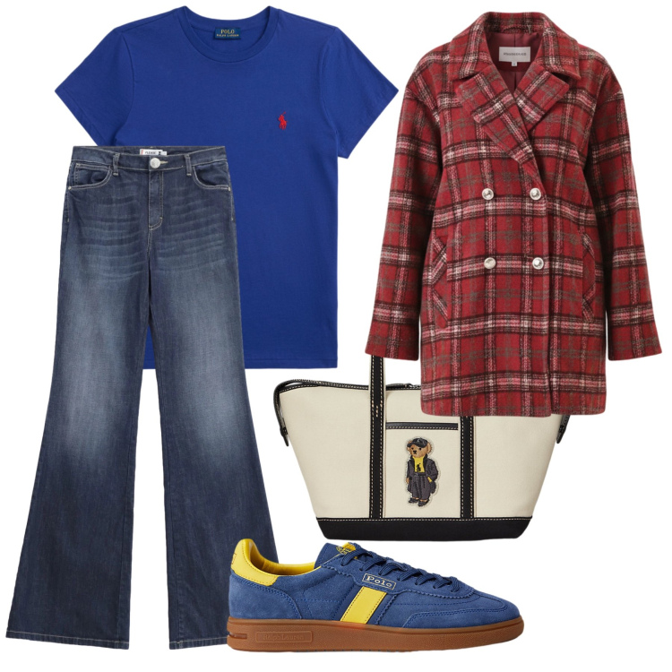 Outfit donna - Quadri e jeans. Stile Casual chic per Tutti i giorni. Abbinamento con jeans a zampa, cappotti, t-shirt, borse tote, sneakers.