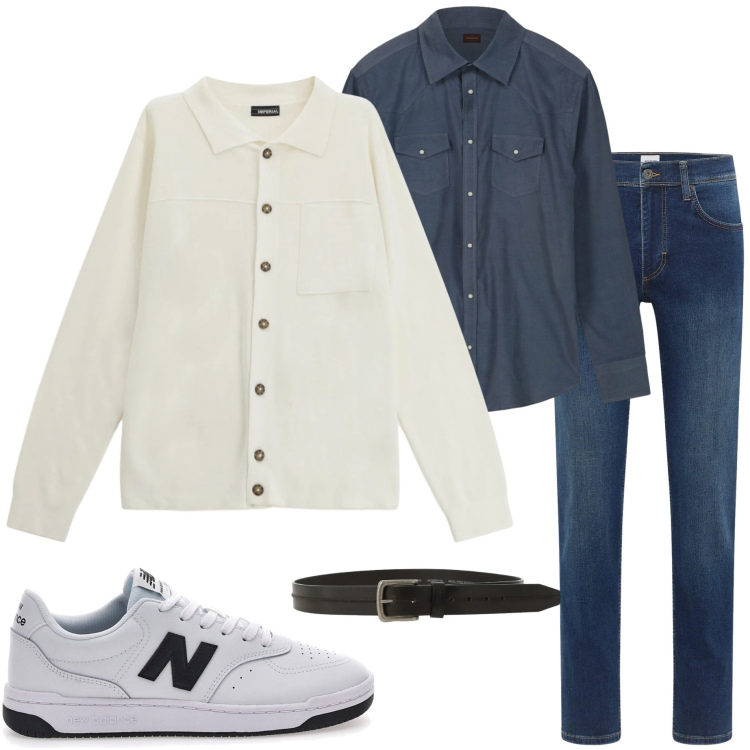 Outfit uomo - Serata con amici. Stile Casual per Serata speciale. Abbinamento con jeans dritti, cardigans, cinture, sneakers, camicie.