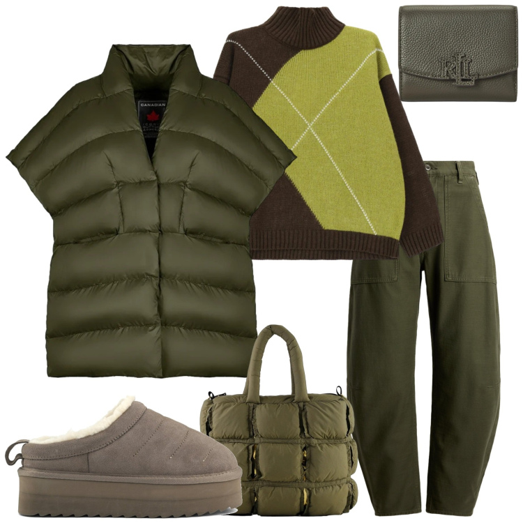 Outfit donna - Velvet green. Stile Casual chic per Tutti i giorni. Abbinamento con maglieria, pantaloni, portafogli, piumini, borse a mano, sabot.