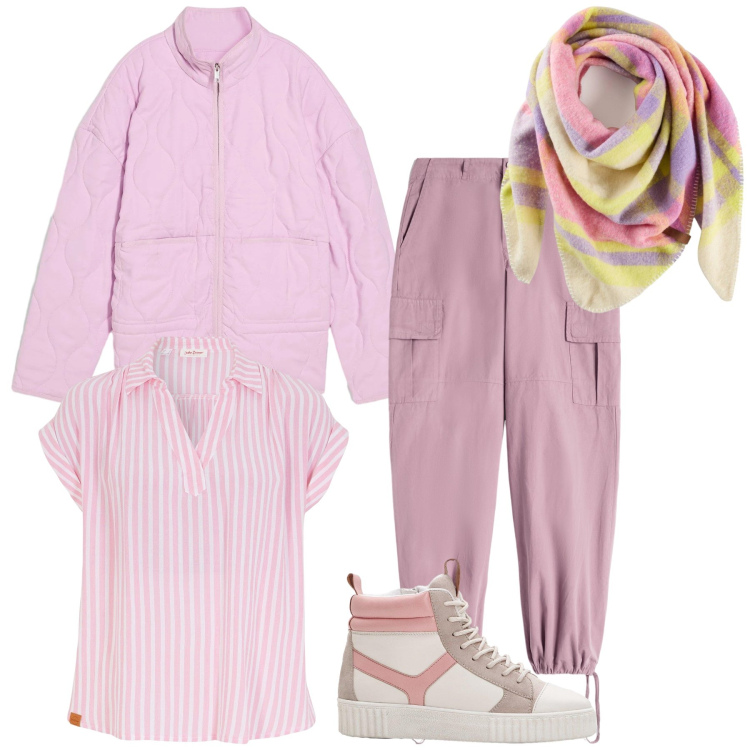 Outfit donna - Pink day. Stile Trendy per Tutti i giorni. Abbinamento con bluse, sneakers alte, giacche, sciarpe, pantaloni cargo.