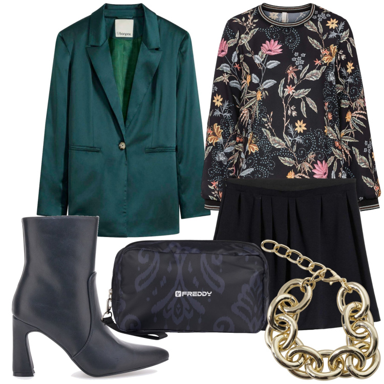 Outfit donna - A cena in blazer verde natalizio. Stile Urban per Serata fuori. Abbinamento con bluse, gonne, blazer, braccialetti, valigie, stivaletti.