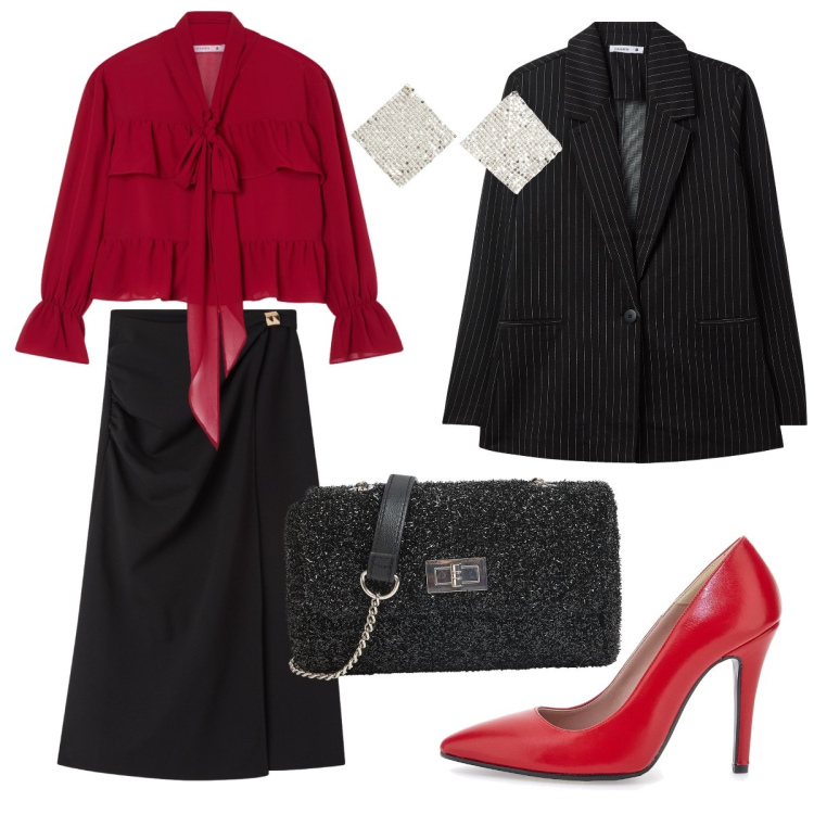 Outfit donna - La camicia col fiocco. Stile Chic per Serata fuori. Abbinamento con borse a tracolla, orecchini, blazer, camicie, gonne lunghe, décolleté.