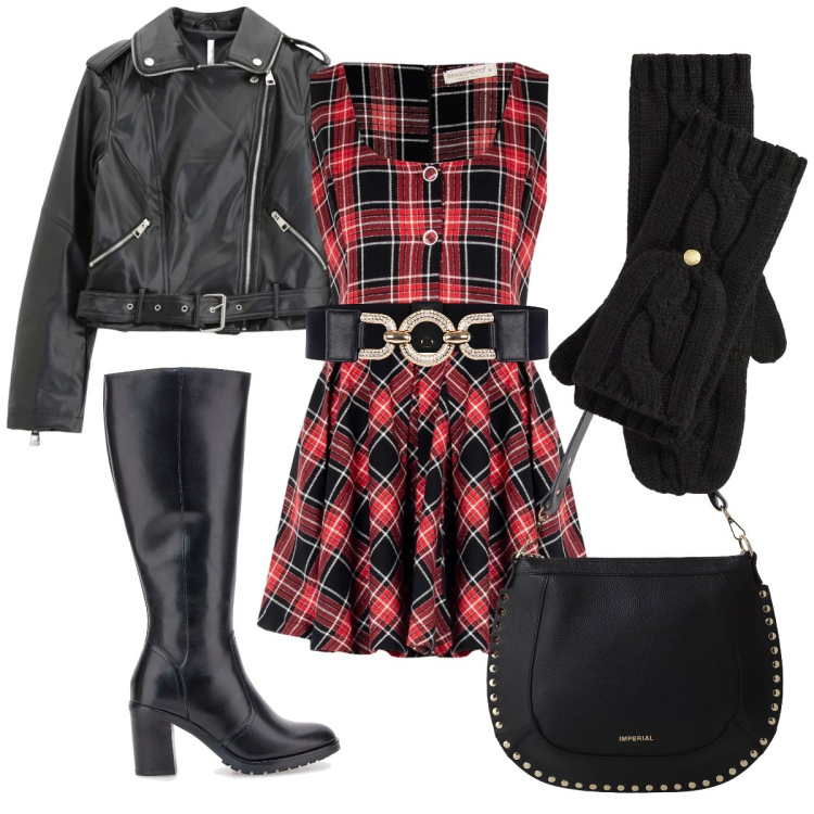 Outfit donna - L’abitino in fantasia scozzese. Stile Rock per Tutti i giorni. Abbinamento con vestiti corti, cinture, giacche, borse a spalla, guanti, stivali sopra il ginocchio.